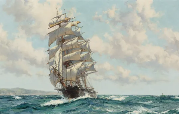 Sea, wave, frigate, oil painting, sailing ship