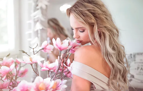 Flowers, makeup, dress, hairstyle, blonde, beauty, bokeh, Laura