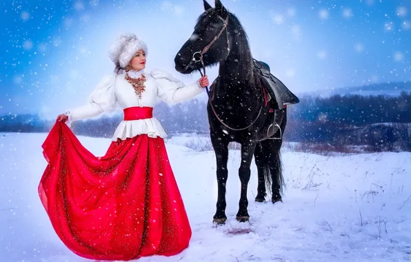 Winter, girl, hat, horse, outfit, fur