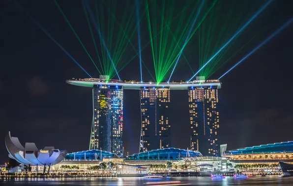 Picture light, the city, lights, color, the evening, Singapore, lasers, the hotel