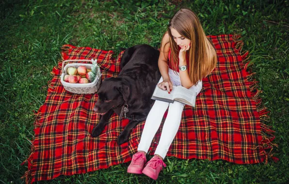 Greens, summer, grass, girl, red, nature, pose, stay