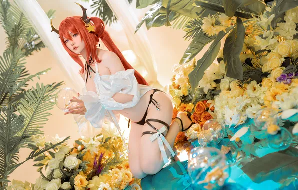 Picture cleavage, model, women, redhead, cosplay, kneeling, Surtr, video game girls