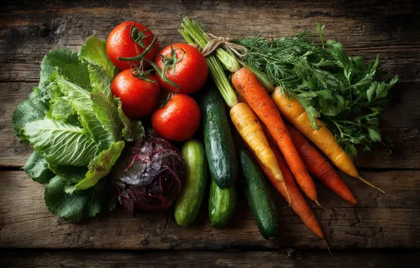 Greens, Board, harvest, vegetables, tomatoes, carrots, different, cabbage