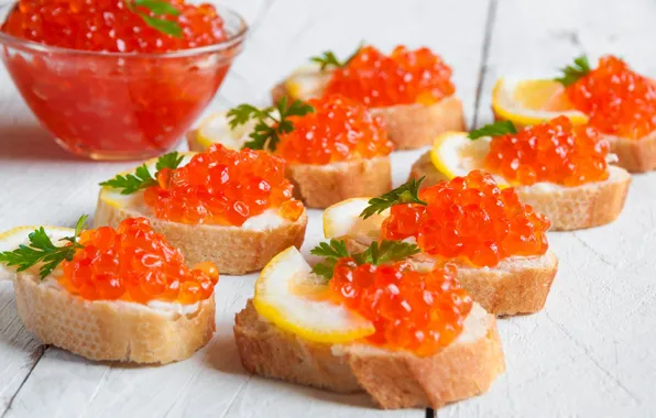 Picture lemon, bread, caviar, seafood, sandwiches