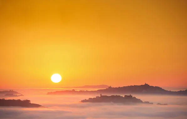 The sun, fog, sunrise, morning, Italy, Marche