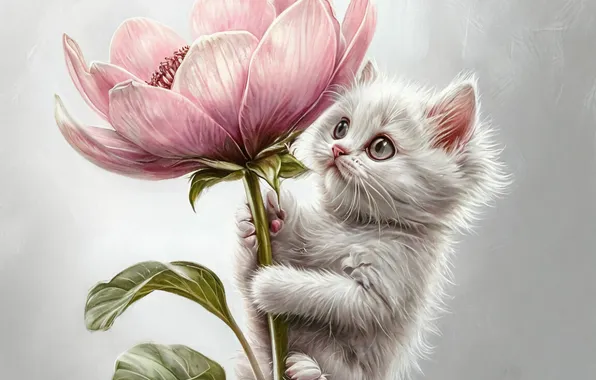 Spring, Cat, Kitty, Art, Pink flower, Neural network, AI ART