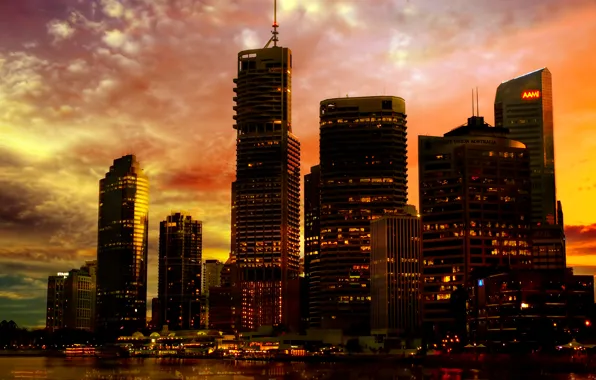 Picture sunset, the city, lights, river, neon, wallpaper, promenade, skyscrapers