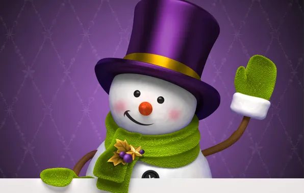 Picture winter, purple, holiday, graphics, new year, Christmas, hat, snowman
