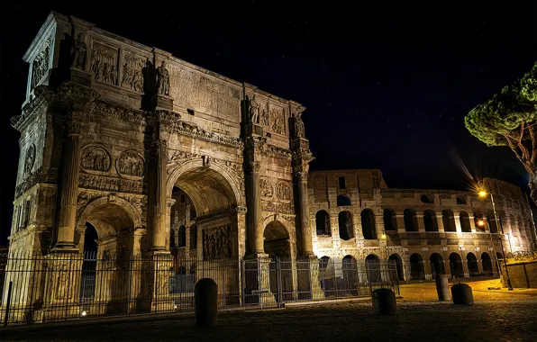 Lights, Rome, Colosseum, Italy, The Triumphal Arch of Constantine