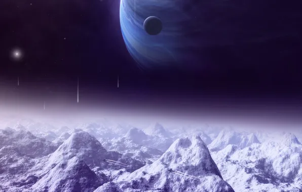 Picture lights, moon, mountains, planets, satellite, space ships, Sci Fi