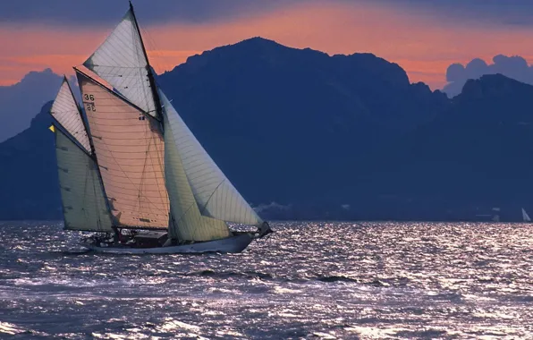 Sea, sunset, mountains, the way, the wind, coast, ship, sailboat