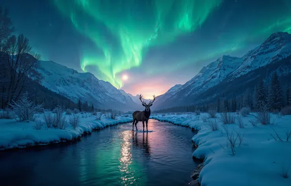 Winter, forest, snow, trees, nature, river, Northern lights, deer