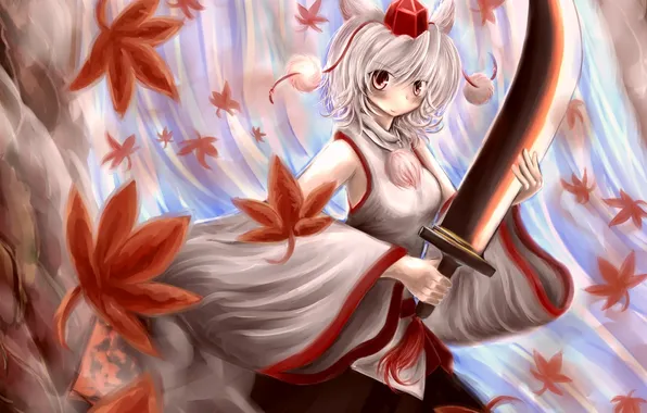 Picture leaves, girl, weapons, sword, art, touhou, inubashiri momiji, momen102