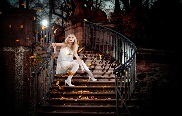 Girl, light, trees, branches, hair, lips, white dress, stairs leaves