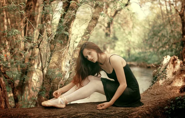 Picture look, girl, trees, river, brown hair, Pointe shoes