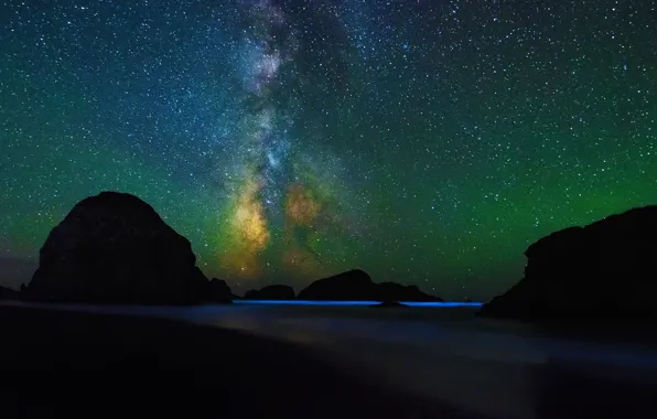 The sky, stars, night, rocks, silhouette, Oregon, USA, Cape Sebastian State Scenic Corridor