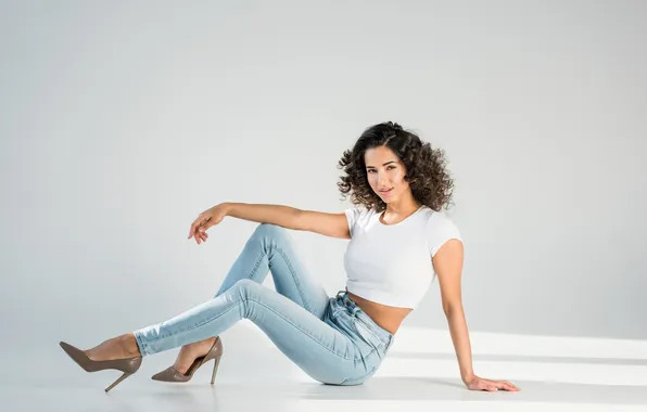 Girl, fashion, grey, jeans, female, heels, curly, hairstyle