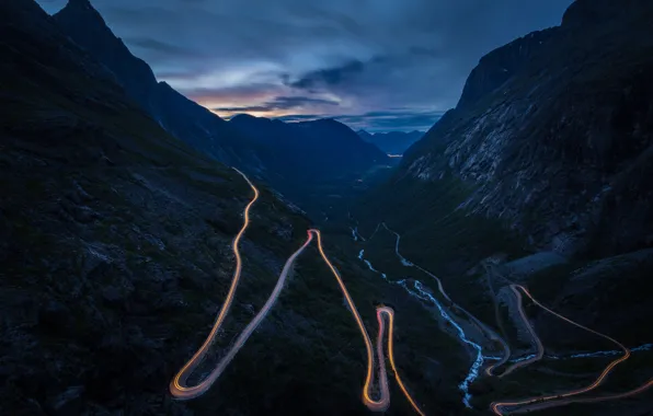 Picture road, light, mountains, night, excerpt, gorge, serpentine