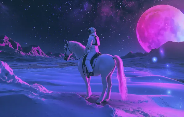 White, the sky, stars, mountains, night, rocks, horse, hills