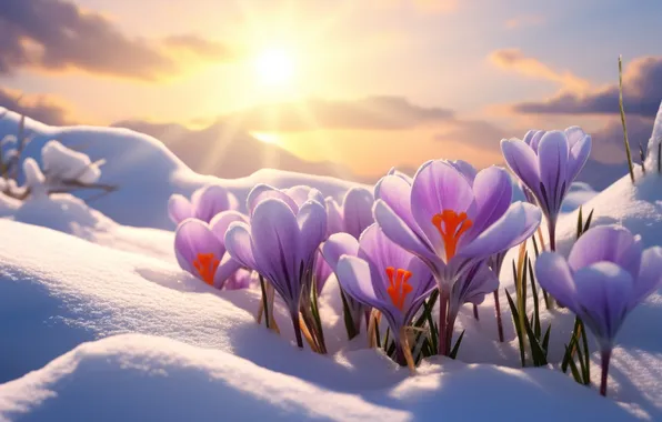The sun, light, snow, flowers, glade, spring, crocuses, pink