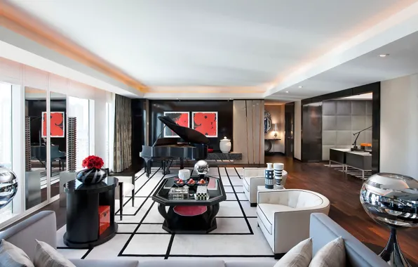 White, flowers, red, design, style, sofa, black, interior