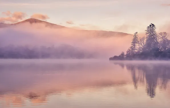 Picture mountains, fog, lake, England, Cumbria