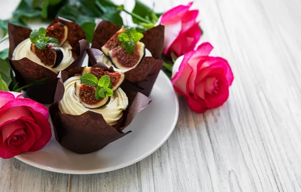Roses, bouquet, plate, cream, cupcakes, figs, Olena Rudo