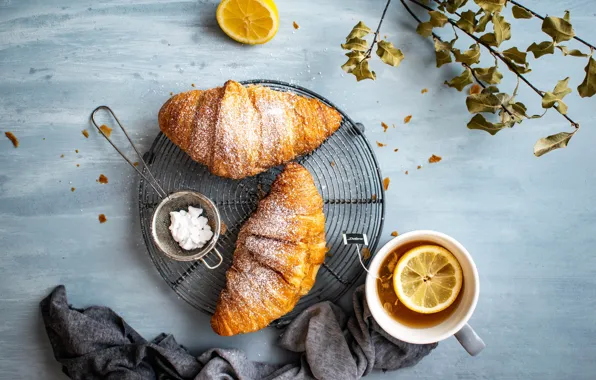 Lemon, tea, Cup, sugar, cakes, croissants, croissant