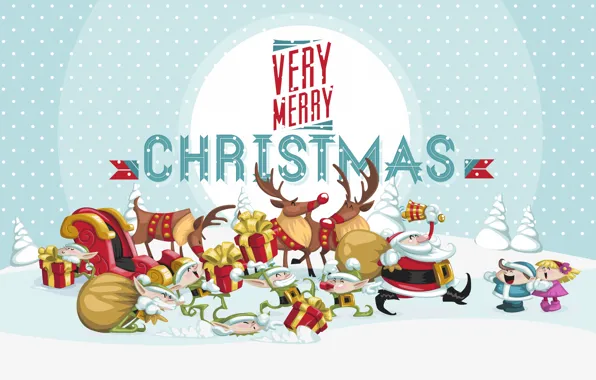 New Year, Christmas, gifts, dwarves, Santa, deer, Christmas, New Year