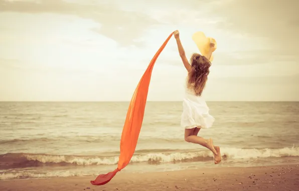 Picture sand, sea, beach, water, girl, joy, happiness, river