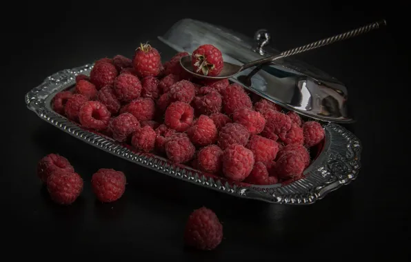 Metal, berries, raspberry, the dark background, table, spoon, cover, still life
