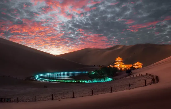 Sunset, lake, desert, pagoda