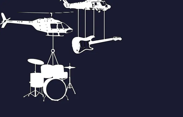Picture guitar, helicopters, instrumento, drums, music