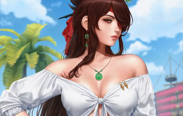 Picture girl, sexy, cleavage, blouse, long hair, boobs, anime, beautiful
