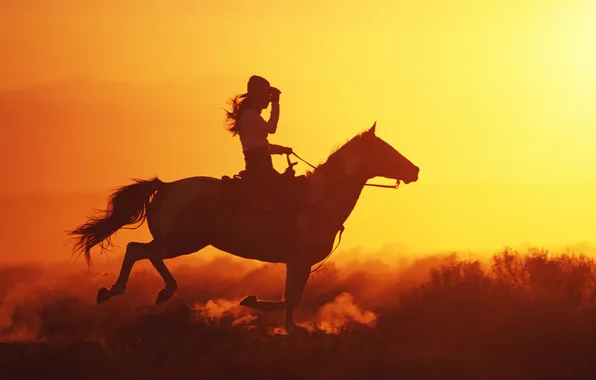 Girl, horse, the evening, hat, gallop, Cowboys