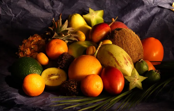 Table, coconut, fabric, lime, pear, fruit, mango, pineapple