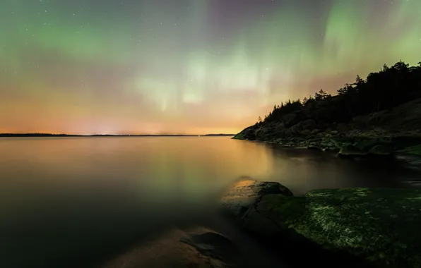 The sky, stars, landscape, night, stones, Northern lights, Finland
