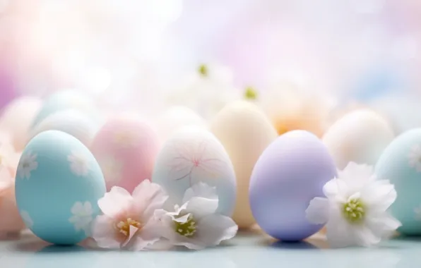 Flowers, holiday, eggs, spring, blue, Easter, pink, bokeh