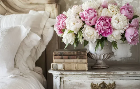 Flowers, retro, room, books, bed, bouquet, spring, pillow