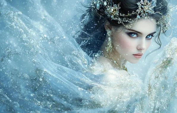 Winter, look, girl, snow, decoration, portrait, beauty, brunette