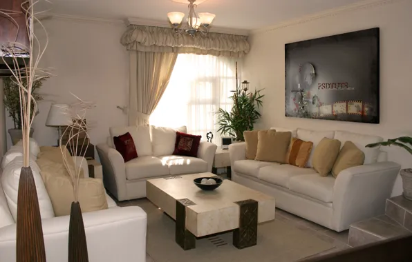 Design, comfort, room, interior, picture, window, chandelier, curtains