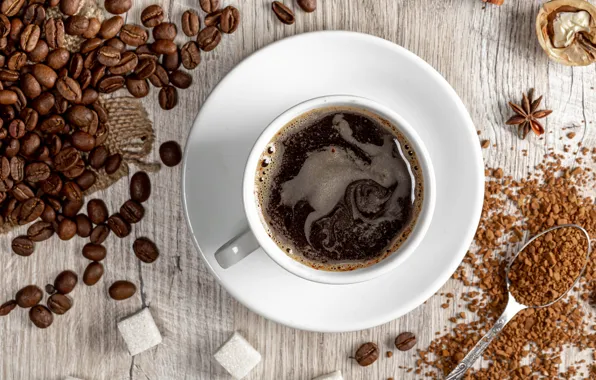 Picture coffee, spoon, mug, Cup, sugar, coffee beans
