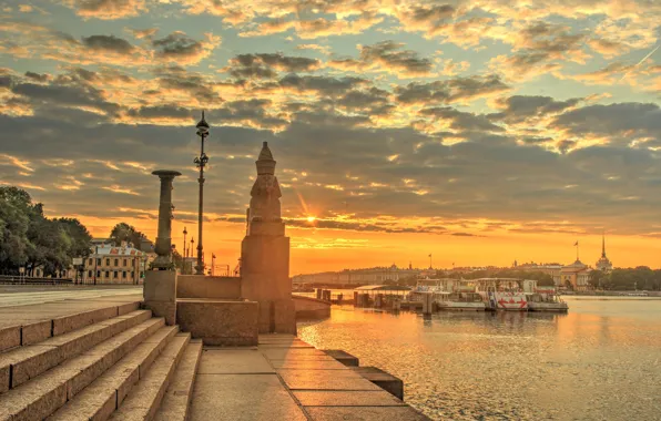 The city, river, morning, Peter, Saint Petersburg, promenade, Neva, Sergey Grigoriev