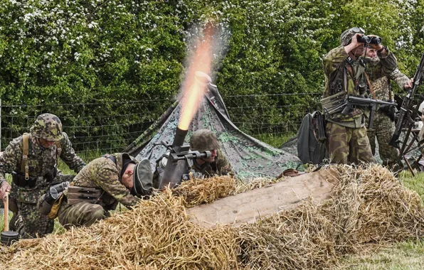 Fire, flame, soldiers, the Germans, observation, military reconstruction, mortar