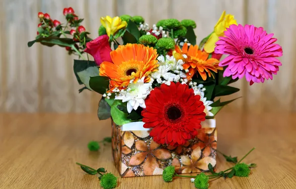 Flowers, bright, table, box, rose, bouquet, red, pink