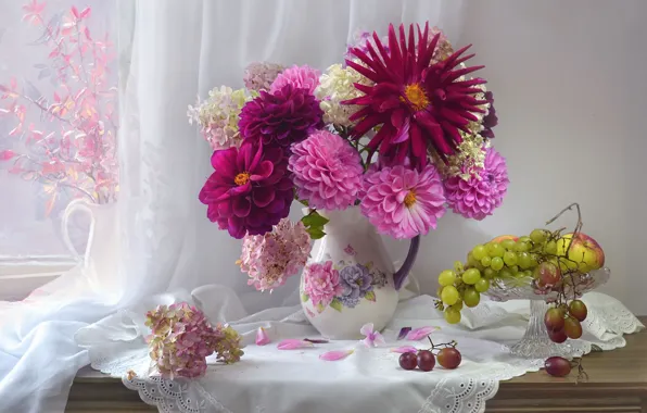 Picture flowers, berries, grapes, bunch, pitcher, still life, curtain, napkin