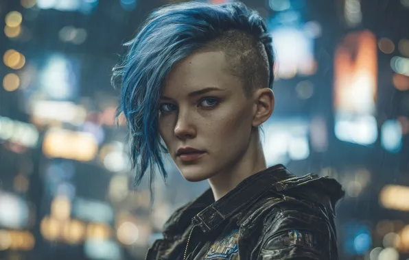 Short hair, cyberpunk, women, leather jacket, blue hair, AI art, side shave