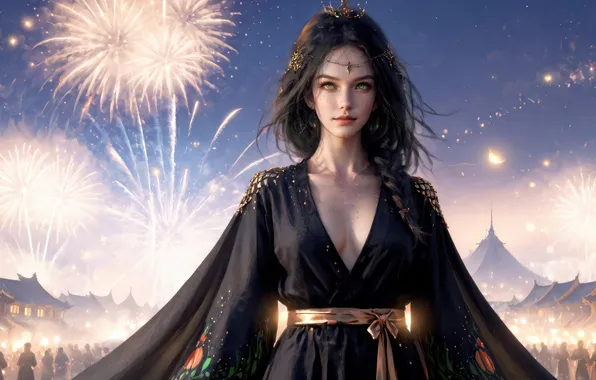 Picture girl, fireworks, AI art