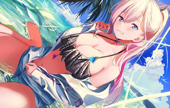 Girl, sexy, cleavage, beach, pink hair, long hair, legs, sea