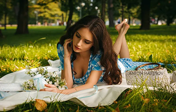 Girl, pose, brunette, long hair, nature, Anton Kharisov, Maria Bashmakov